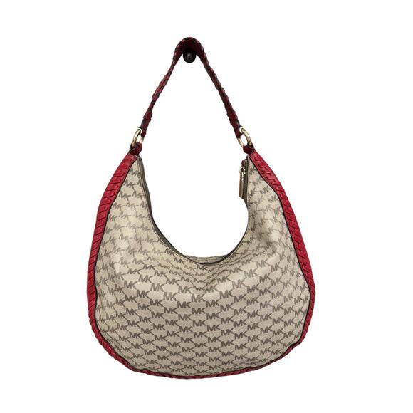 Michael Kors Lauryn Signature Natural Canvas Red Leather Large Shoulder Bag Hobo - Picture 7 of 10